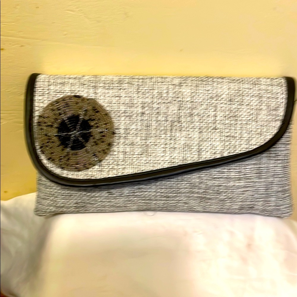 Elegant Gray Clutch with Black Trim
